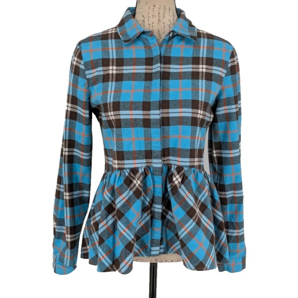 SUNDANCE Blouse Med Blue Plaid Cotton Peplum Preppy Academia